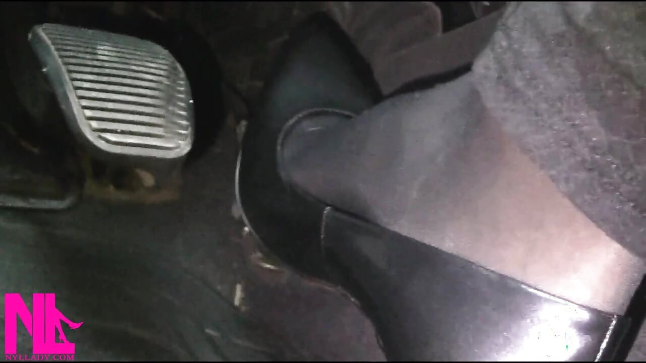 Revving and Driving in Black Pantyhose and Grey High Heels
