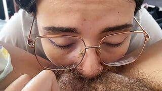 Lesbian sucking a sweet hairy bush