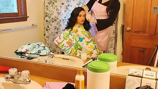Emma the barberette colorful cape modeling season
