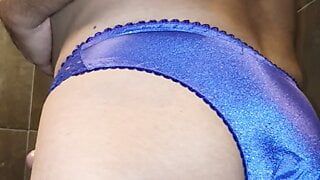 Satin VS purple bra, blue satin panties and black stockings