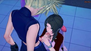 Cloud neukt Aerith in een hotelkamer. Final Fantasy 7 Hentai.