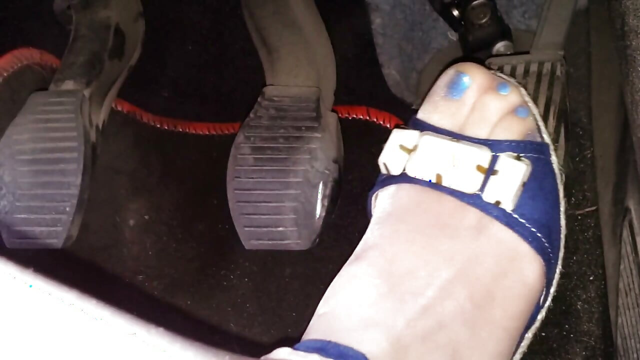 Driving and Revvig in Blue Wedges on My Hosed Feet