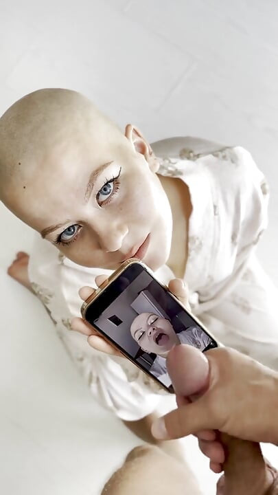 Cumtribute Bald Girl Cleanup Her Phone After