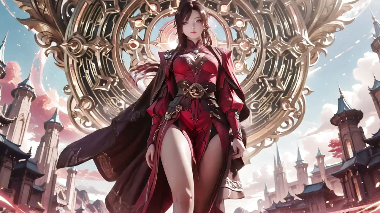 ¡Reina de la Armadura Roja en la Ciudad Flotante! Provocación de fantasía épica, ajustado traje rojo.
