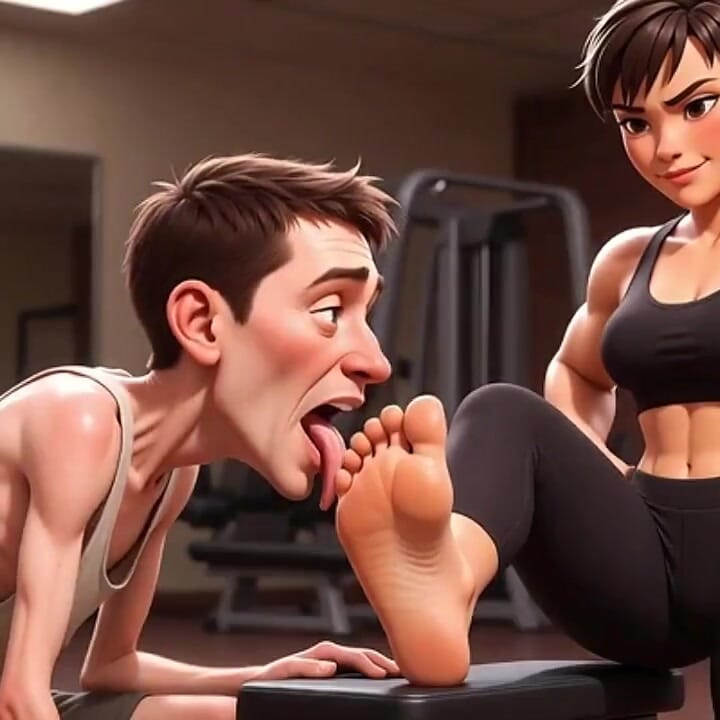 Strong Muscular Woman Makes Skinny Slave Lick Her Feet