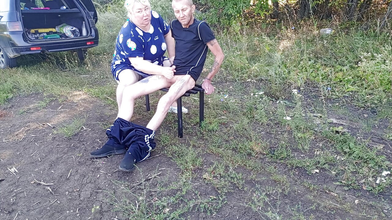 Stepmom in a public park jerks off my dick until I cum