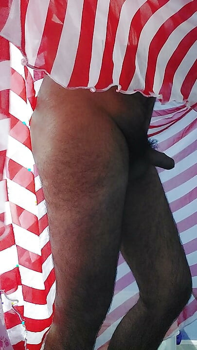 Boy masturbating and cum wearing a Silk Seethrough Chiffon Fleared Red and white Strips Skirt