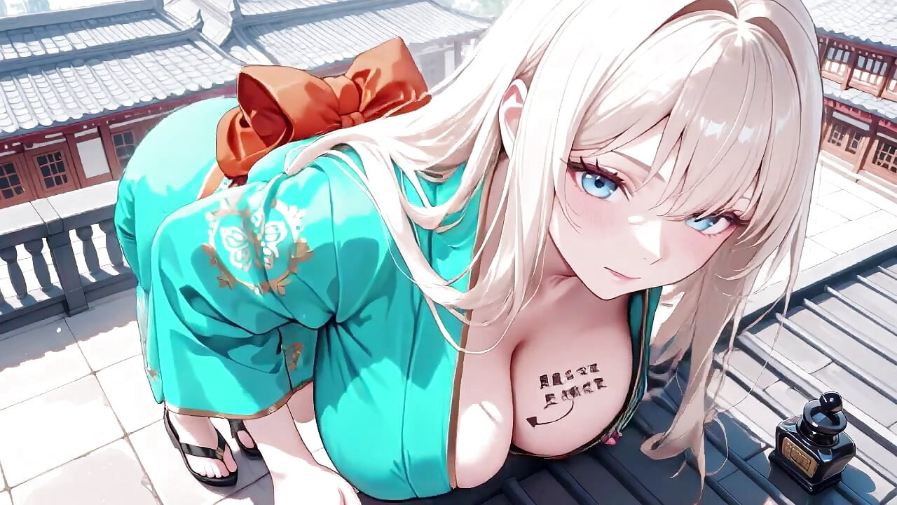 Blonde in a Green Kimono! Lazy Terrace Reading, off-shoulder Design Is Too Sinful!