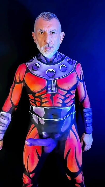 Hung Uncut Cock Mature Men Turns Into Magneto in Full Body Painting and Fuck