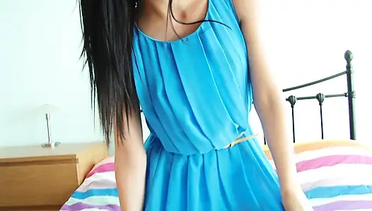 Sexy Babe with Blue Dress Touching Her Body All Over