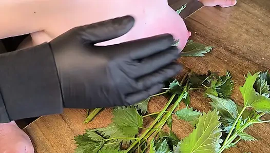 Naked tits in nettles - then hit hard