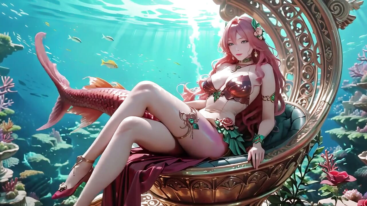 ¡Fantasía en el Mar Profundo! La Reina Sirena de Cabello Rosa descansa en el palacio azul.