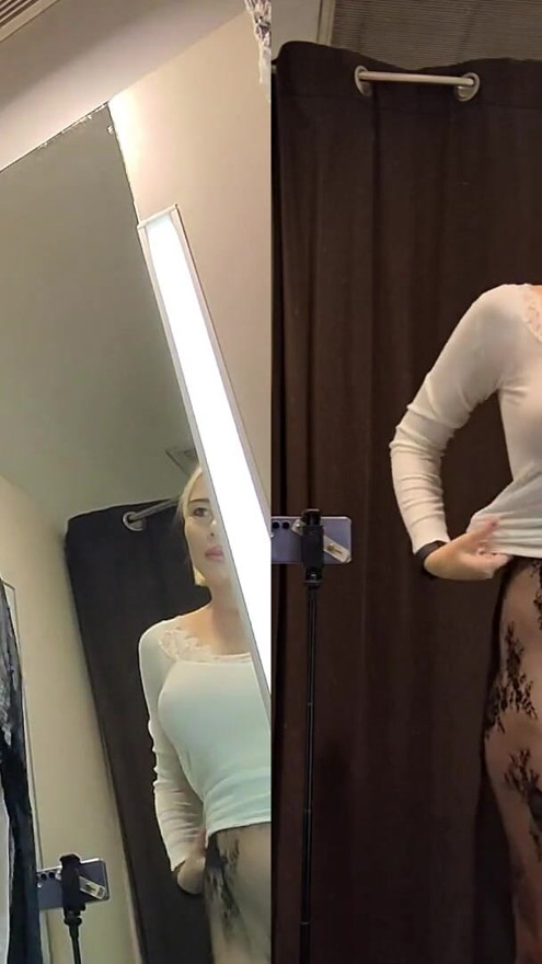 Try on haul see-through clothes in dressing room. Naked Blonde with Big Tits | Clip 2