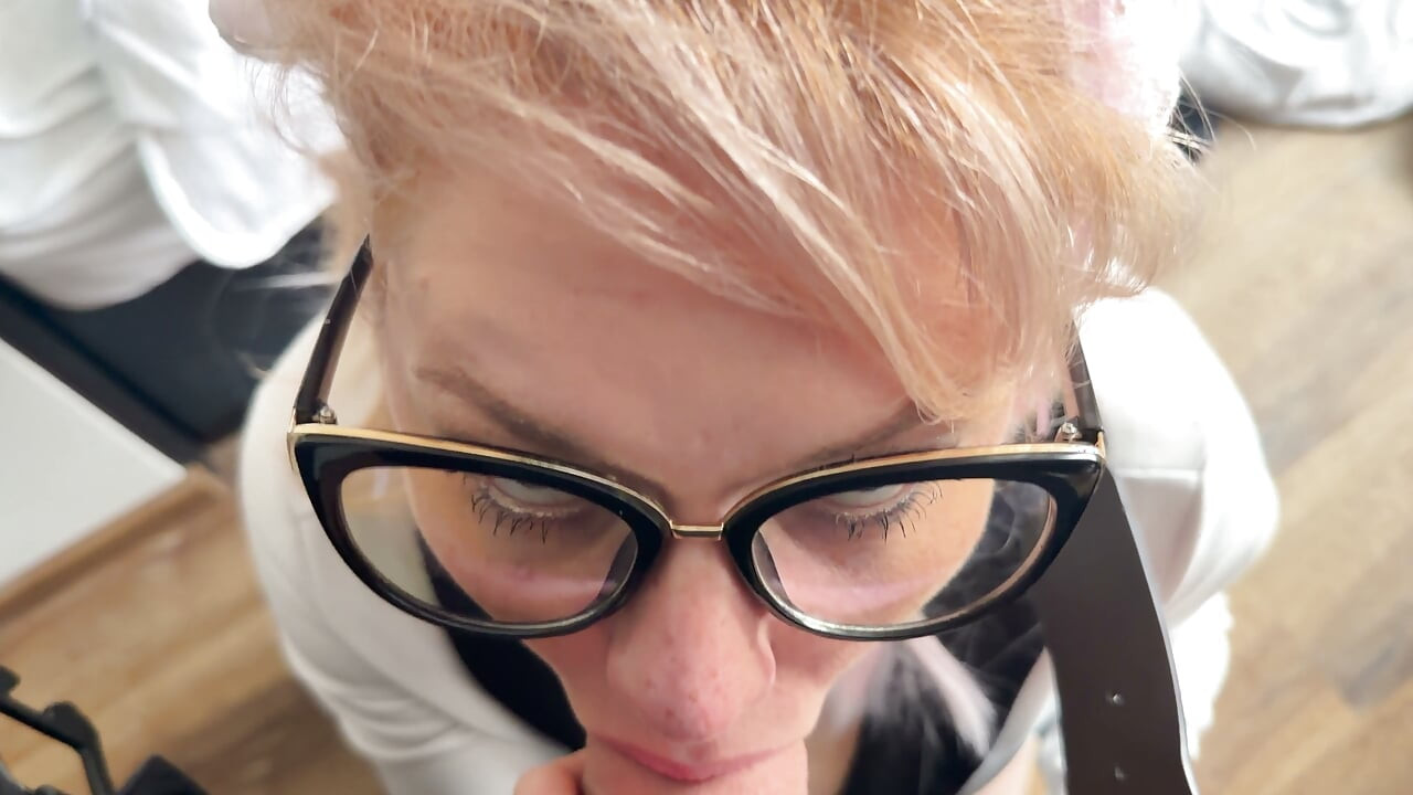 Manga Style Horny Wife in White Dress, Pink Ponytails and Glasses Suck my Cock in a Hotel Room