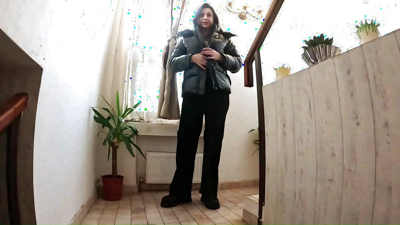 Shiny Downjacket Stairway Fuck. Deepthroat, Hard Doggy and Cum on My Jacket