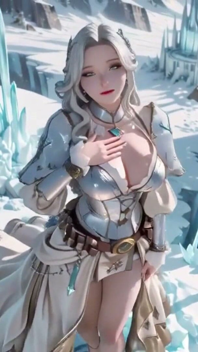 Silver-Haired Ice Queen! Kneeling in the Frozen Castle, her cold armor hides so many secrets. Hand on chest, biting lips... | Clip 1