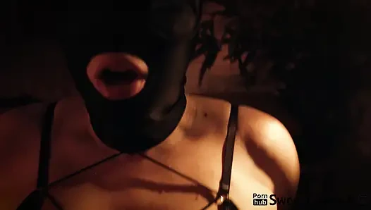 A sex-wife is tied up and ready to be fucked by a stranger. BDSM aesthetics and submission.