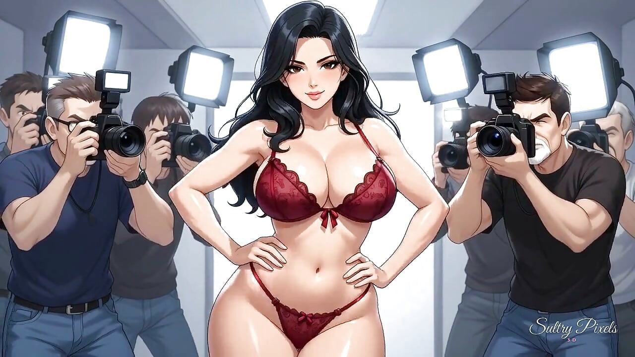 Model semok rambut raven meremas toket besarnya di kamar yang penuh fotografer