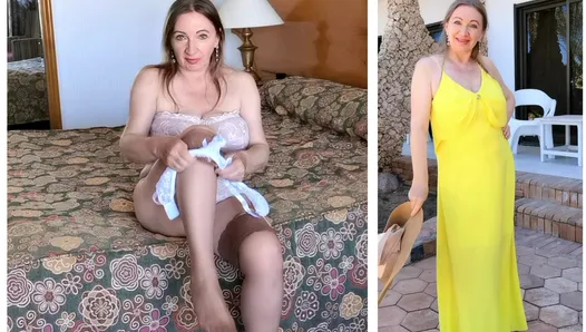 Busty milf MariaOld dance and take off stockings for foot fetish lovers