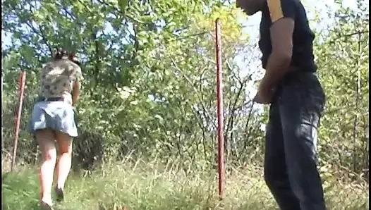 Sucking her boyfriend in the open