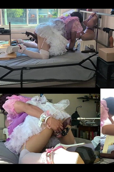 Roze satijnen mietje meid wordt geneukt door haar neukmachine en speelt met haar seksspeeltjepop