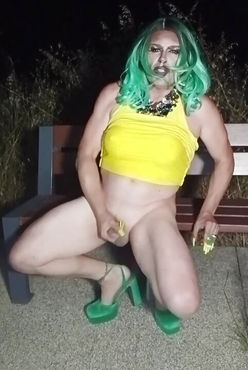Sexy mature transvestite slut party summer showing off in a public park