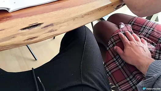 Open Study Space handjob under the table with nylon feet