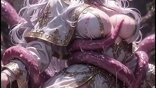 White-haired elven priestess with worm monster, anime hentai