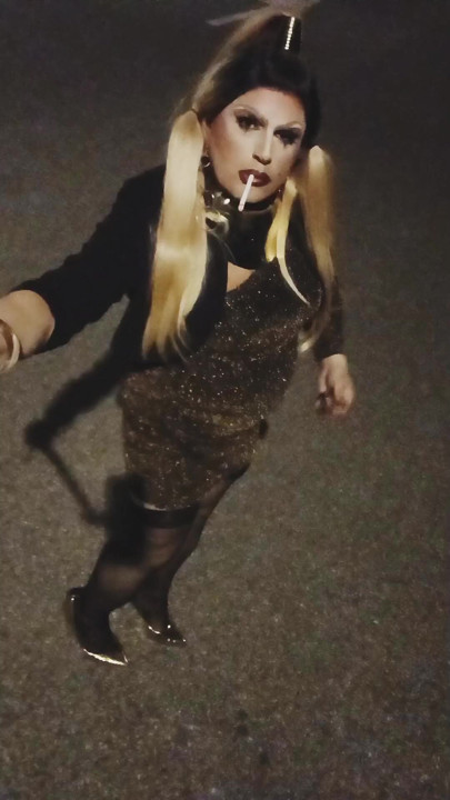 Pretty latina milf CD smoke outdoor in sexy outfit and high heels