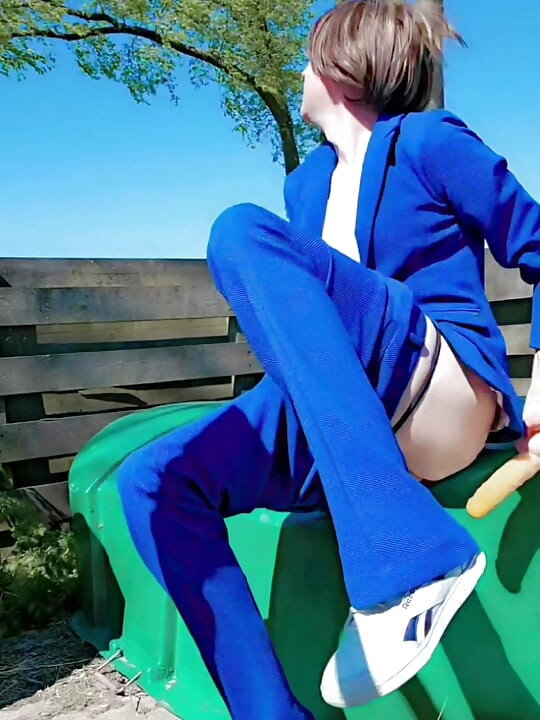 Annemieke in Blue Suit Pissing Outdoor
