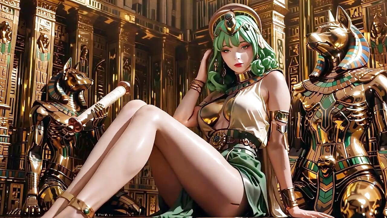 Green-Haired Egyptian Queen! Kneeling in the Golden Hall, guarded by Sphinxes.