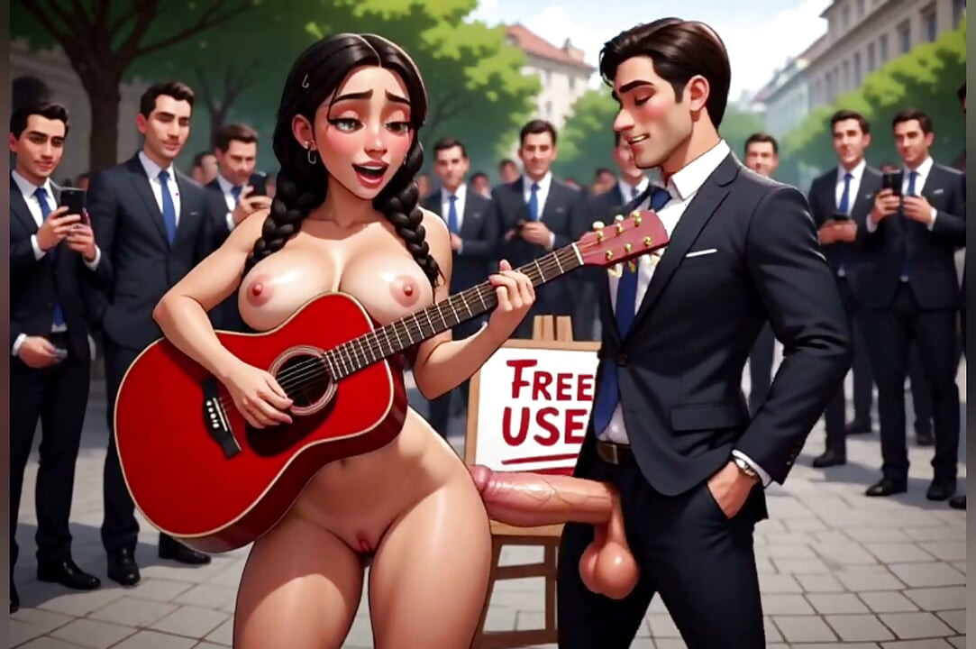 Nackte Gitarre spielen, freier Gebrauch, unzensierte Hentai-Animation, 3D-Zeichentrickfilm, Zöpfe