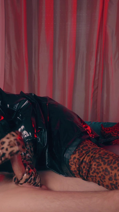 Dominant Handjob Edging Ruined, Wearing Long Leather Gloves -milf in Black Pvc Raincoat Leopard Thigh High Boots Controls, CFNM