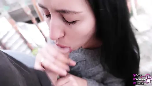 Shocked by cum in mouth! Outdoor blowjob and swallow cum