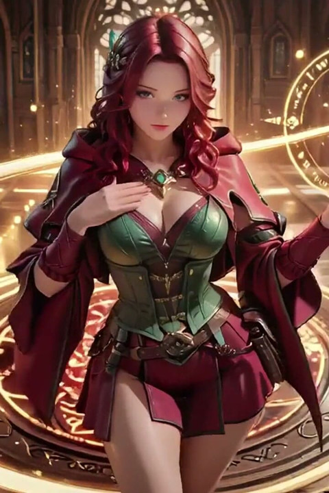 Red Haired Sorceress Awakens! Kneeling in the Gothic Cathedral, Golden Halos Surround Her as Her Skirt Lifts.