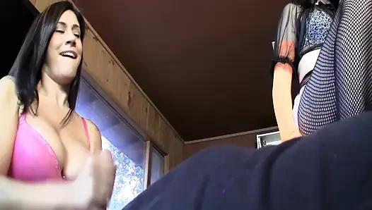 Smoking Brunettes Fist and Foot Dominate Leaking Cock