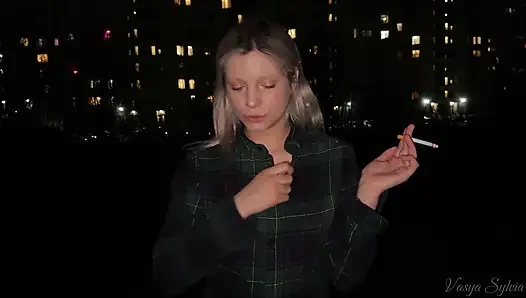 Smoking Blonde with Naked Tits Smokes!