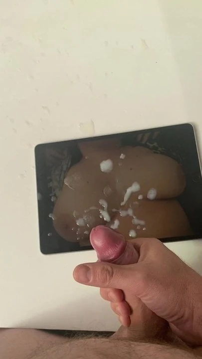 Big cum shot tribute over her sexy big tits