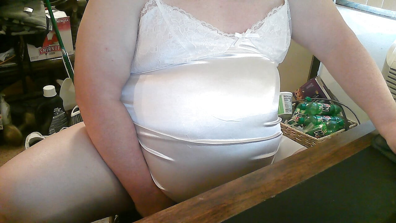 Jacking off in white nightie and black panties