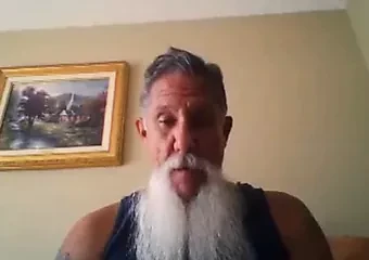White bearded biker daddy strokes his big dick