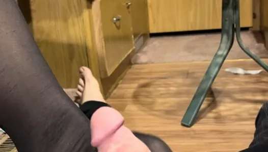 Black nylon footjob with cum through toes after a long day in the Rv