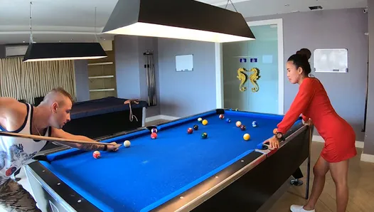 Amateur couple playing pool and having passionate sex