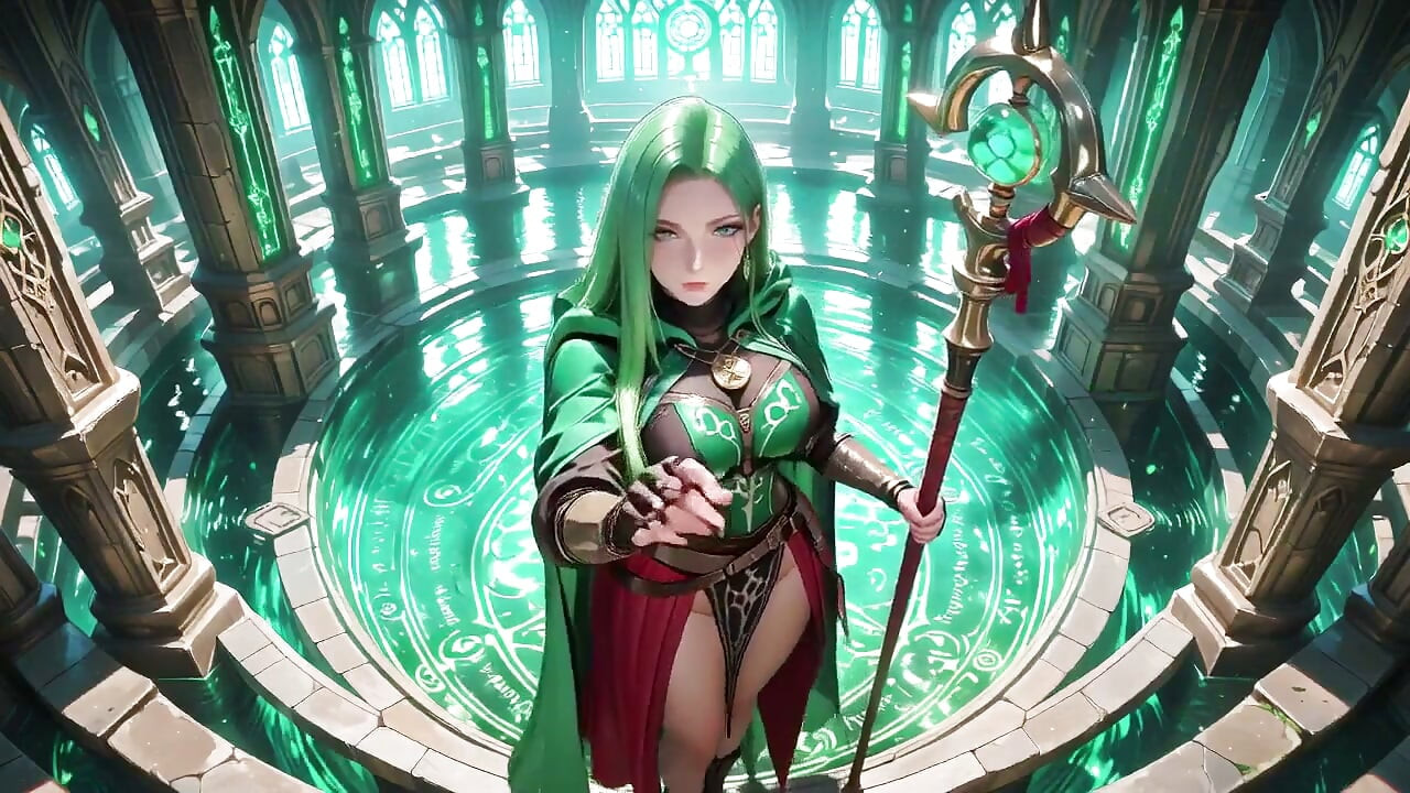 Under the Ethereal Blue Glow of a Gothic Cathedral, She Kneels with Her Staff, Eyes Locked on You.