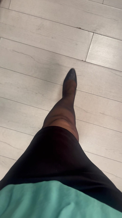 Wife teasing in nylons, high heels and short skirt