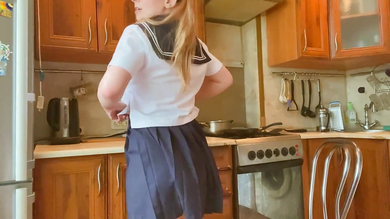 Cosplay in Japanese College Uniform, Girl Masturbates and Cums in the Kitchen