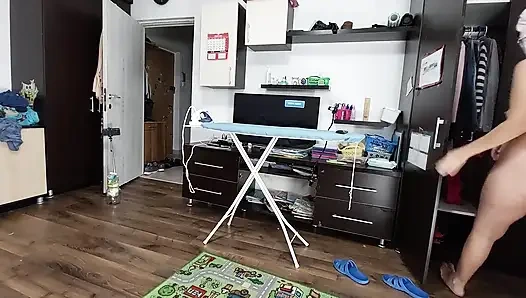 Sexy Brunette Doing Naked Chores Around the House.