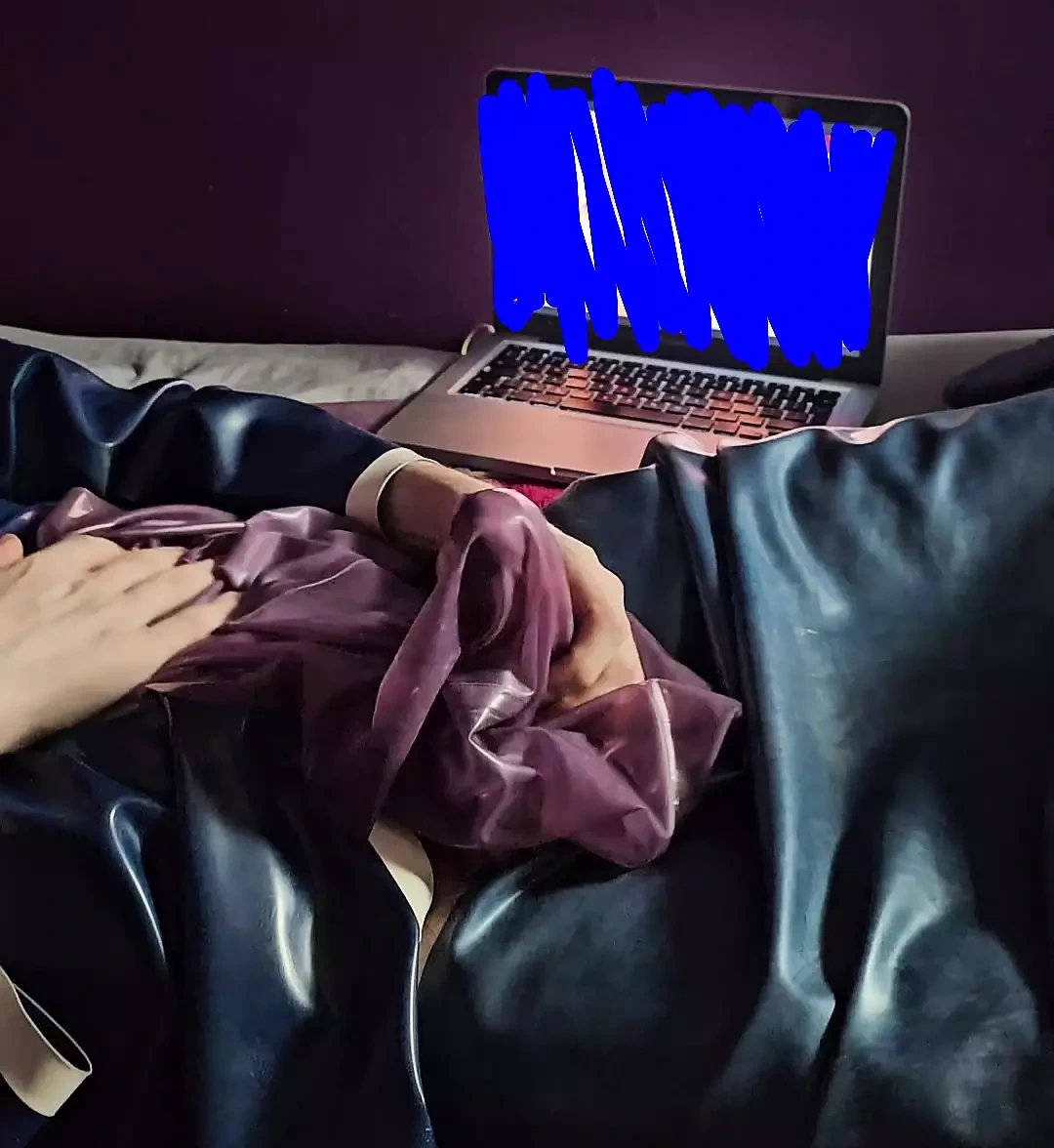 Latex fetish addict jerking big cock to porn in latex robe with latex sheets big cock cumshot