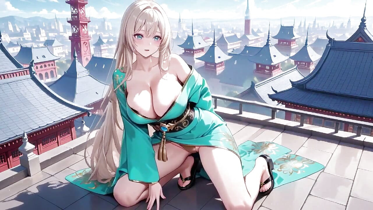 Emerald Kimono Queen! Languidly Sprawled on the Sun-drenched Bedroom Bed, She Gazes Back with a Sleepy Allure