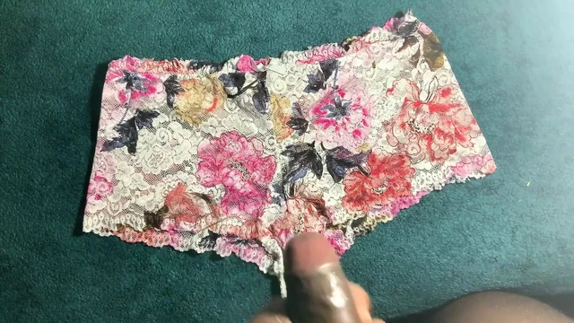 Black gay guy jerking off big load of cum on panty