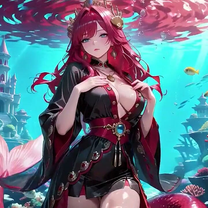 Forbidden Feast in the Underwater Palace, Black and Red Kimono Slightly Wet.